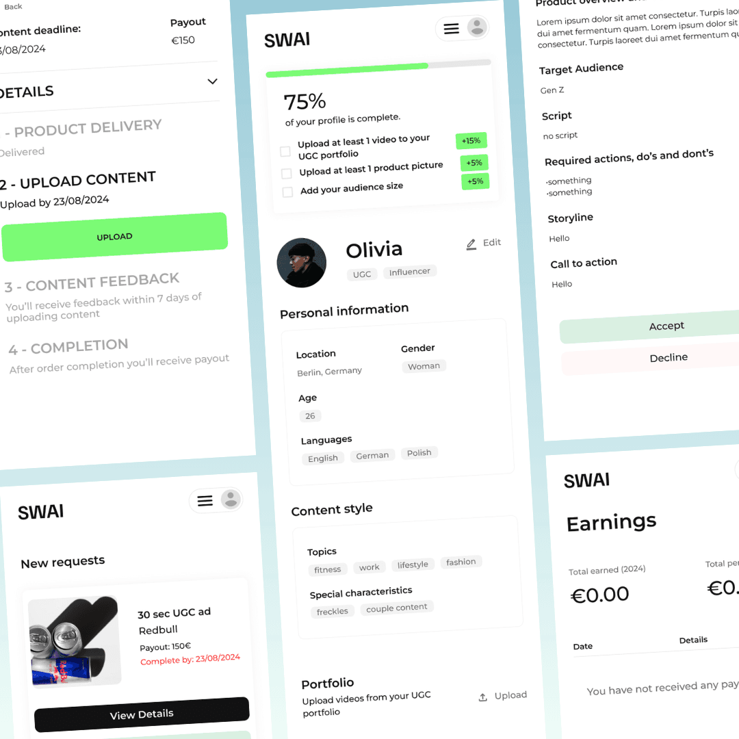 SWAI - Creator Economy Platform app screenshot showing the user interface and features